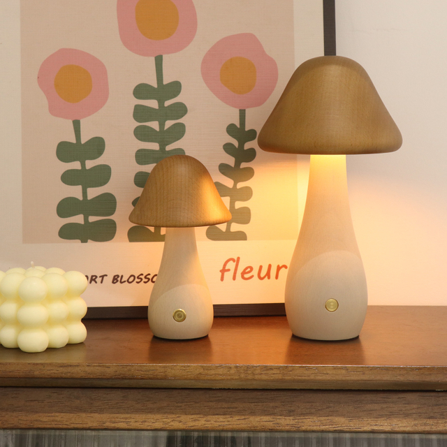 Стильная коллекция деревянных грибных настольных ламп